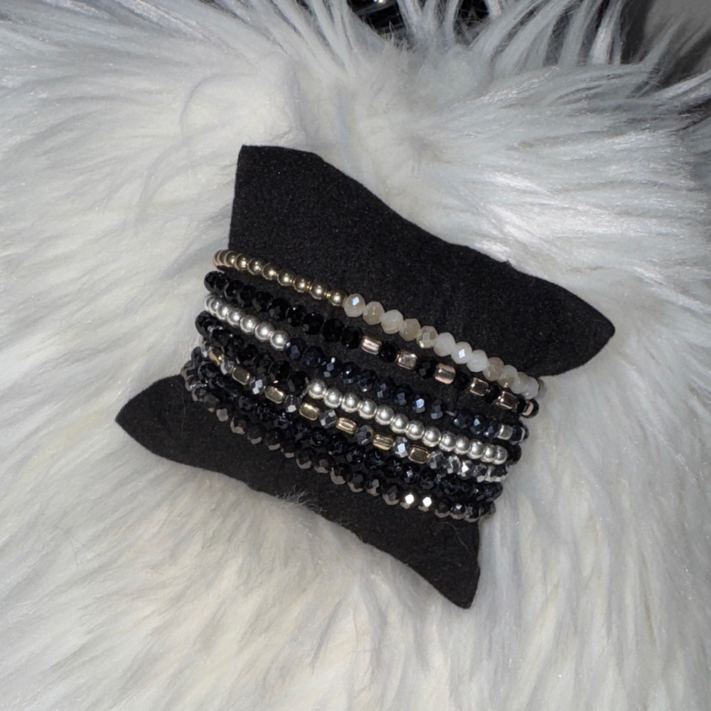 7pc. Black and Silver Beaded Bracelet Stack